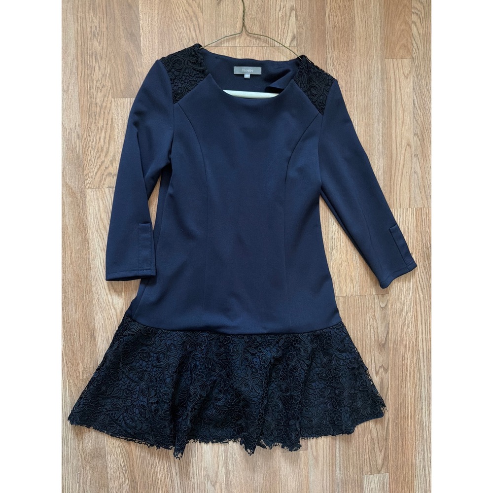 Phoebe Navy Blue Lace Trim Long Sleeve Dress Size 36 Drop Waist Scalloped Hem